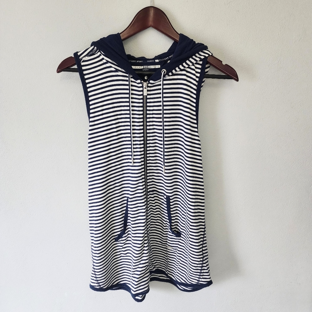 Tommy Hilfiger sport navy blue and white striped hooded athletic zip up vest